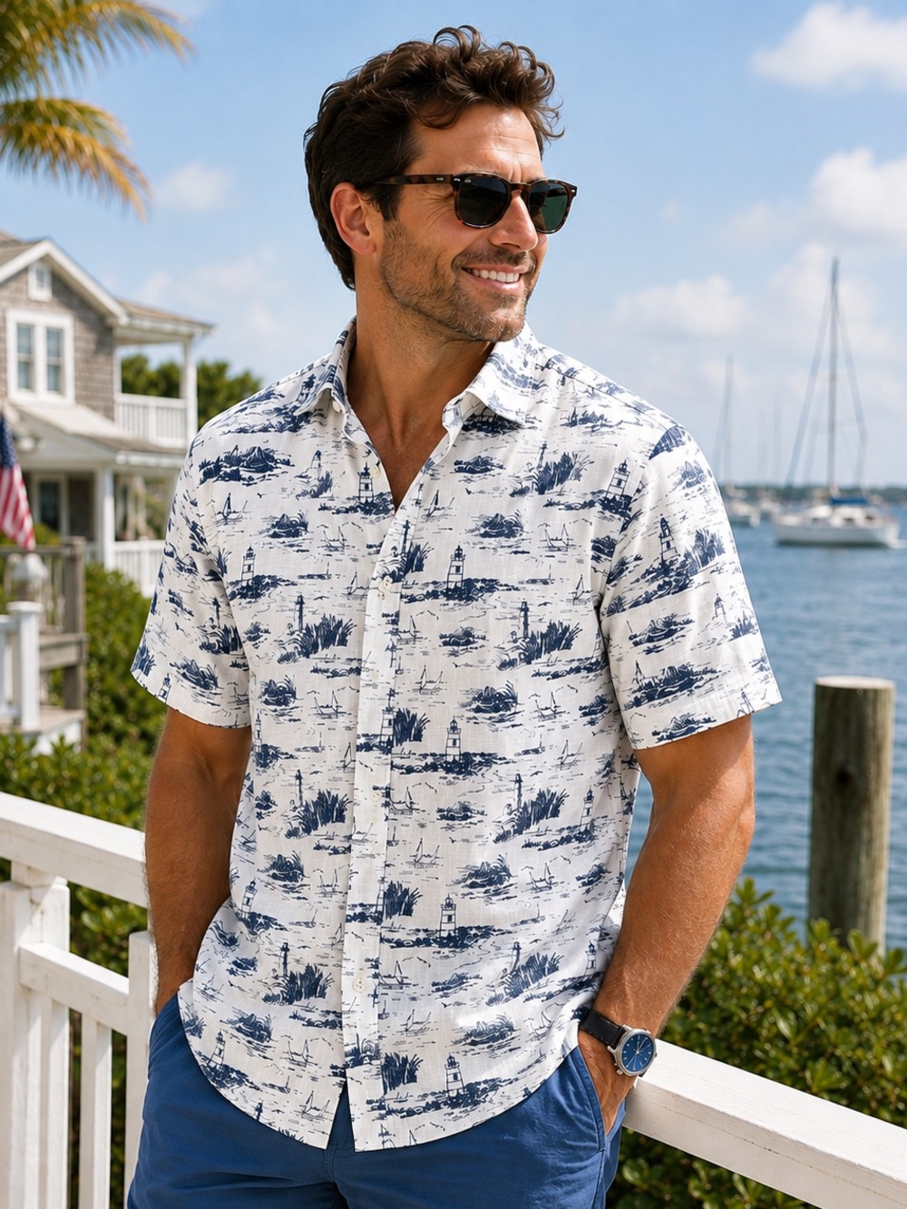 Vineyard Vines 100% Linen Shirt Men’s L Lighthouse Sailboat Nautical Print